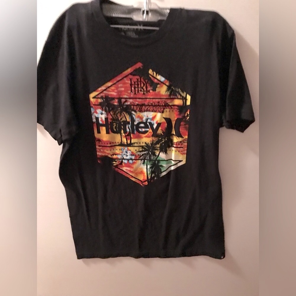 Hurley Mens TShirt Black Surf Skate Huntington Beach California Palm Trees Large